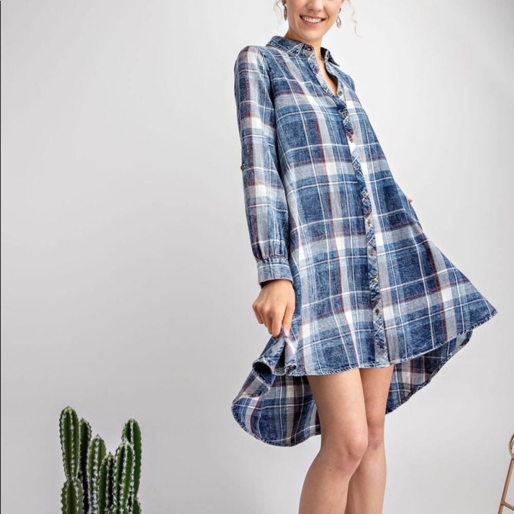 Easel cotton button down shirt dress plaid